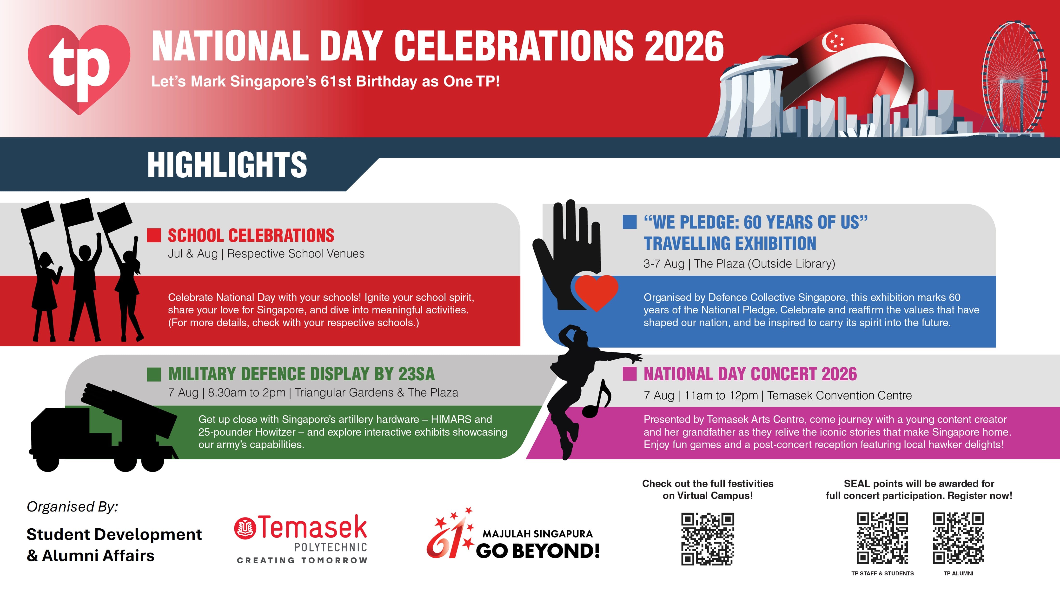 Temasek Polytechnic National Day Celebrations 2026 eDM listing the major event highlights on campus